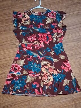 Floral Brown Midi Dress with Pink & Teal Accents